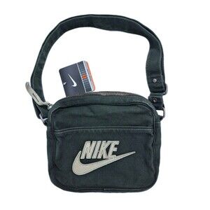 Nike Unisex Canvas Purse Shoulder Bag Crossbody Vintage Black Gray Leather Patch